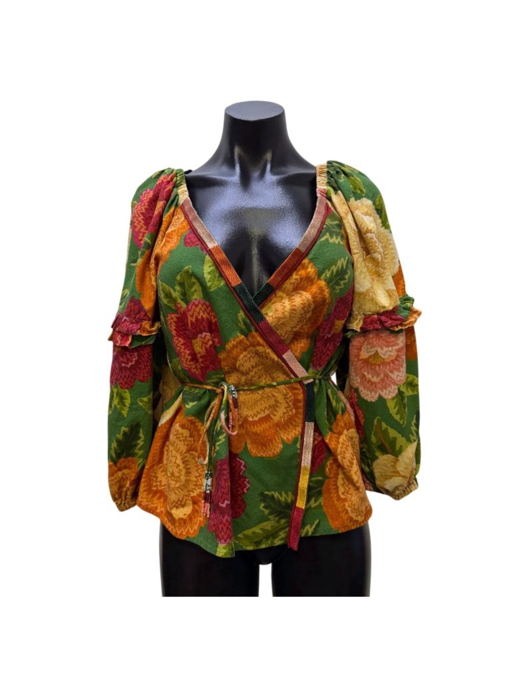 Farm Rio For Anthropologie Floral Wrap Blouse With Tie Waist & Long Sleeves S